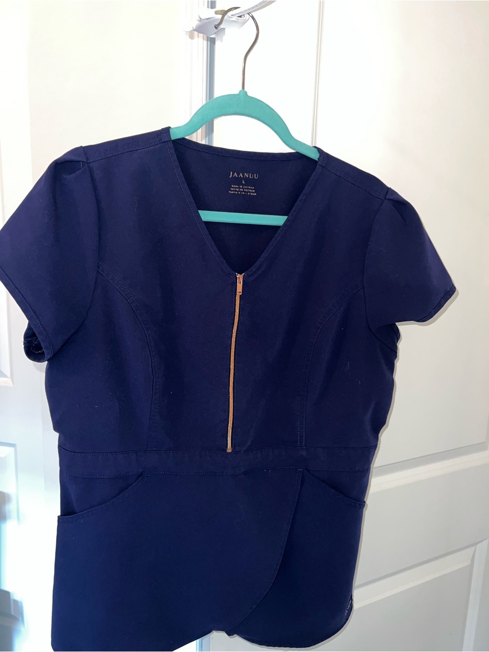 Jaanuu Navy Scrub Top with Copper Zipper Detail